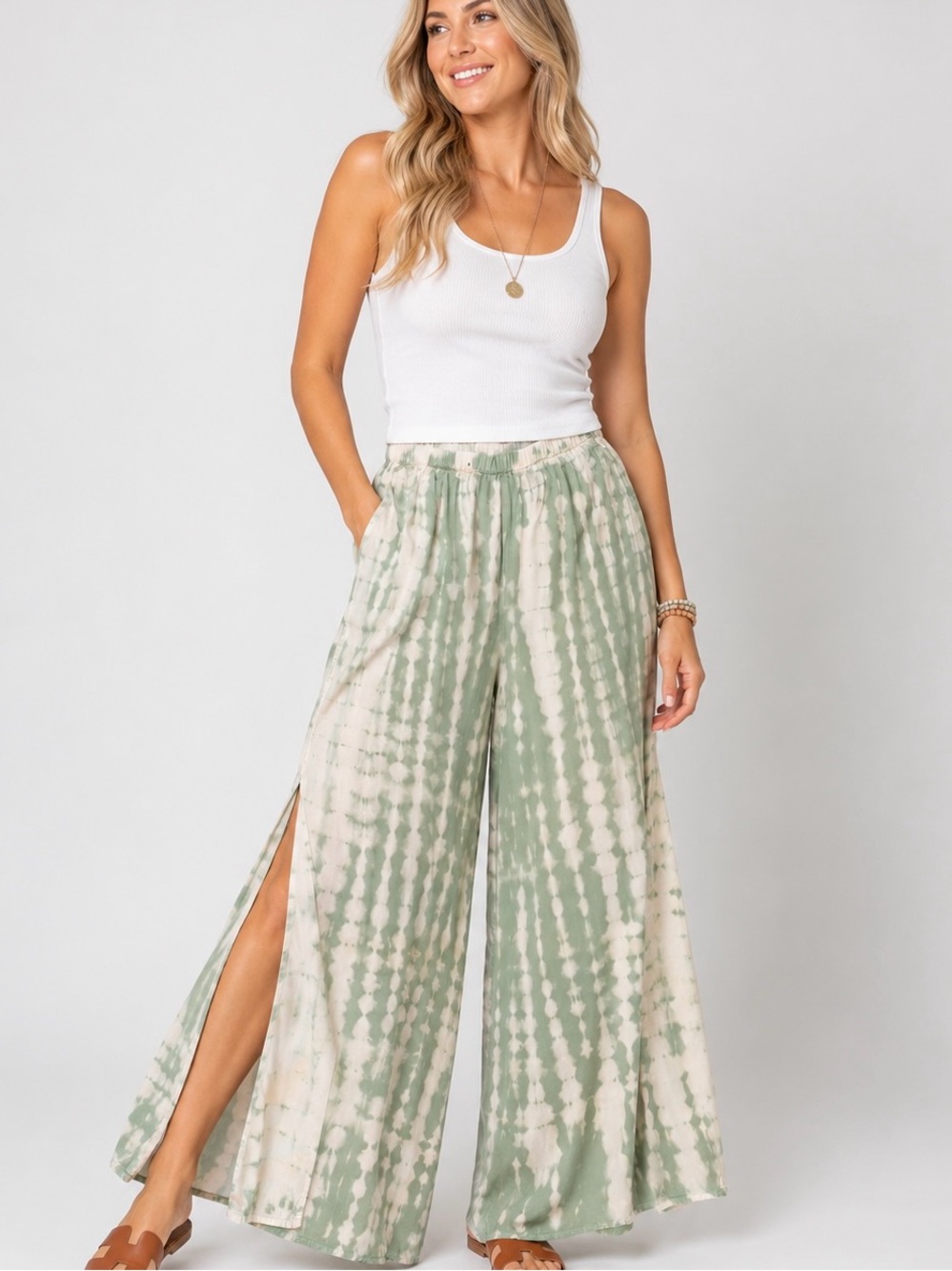 Kiwi + Punch Green Tie Dye Wide Leg Pants Side Slits Boho Small